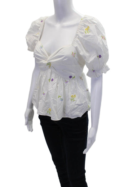 English Factory Womens Floral Embroidered Short Sleeve Babydoll Top White Size S