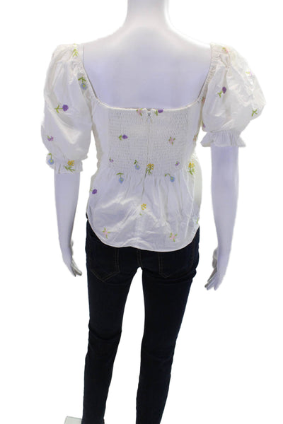 English Factory Womens Floral Embroidered Short Sleeve Babydoll Top White Size S