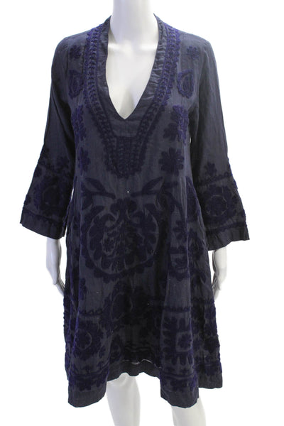 Roller Rabbit Women's Long Sleeves Embroidered Flare Mini Dress Blue Size S