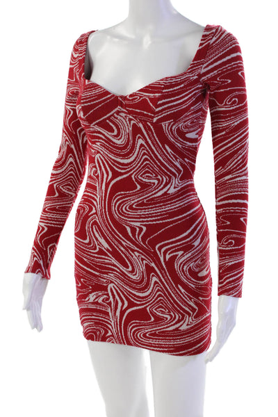 Zara Womens Marble Print Long Sleeve Square Neck Bodycon Mini Dress Red Size S