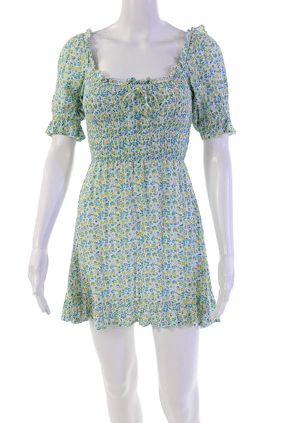 Faithfull The Brand Womens Floral Short Sleeve Smocked Mini Dress Blue Size 2