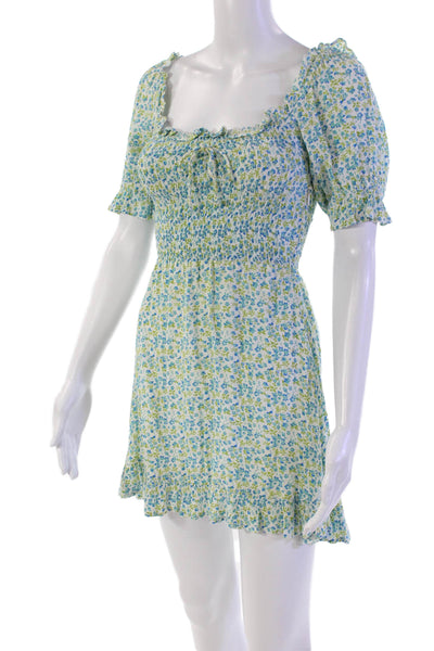 Faithfull The Brand Womens Floral Short Sleeve Smocked Mini Dress Blue Size 2