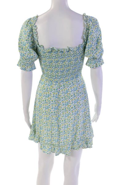 Faithfull The Brand Womens Floral Short Sleeve Smocked Mini Dress Blue Size 2