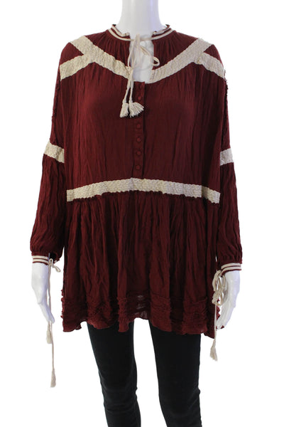 Free People Womens Y-Neck Button-Up Long Sleeve Babydoll Blouse Red Size XS