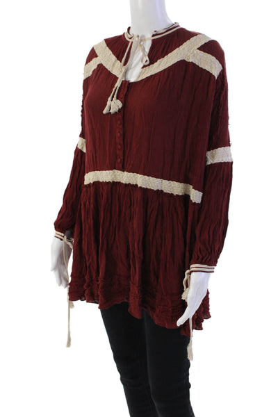 Free People Womens Y-Neck Button-Up Long Sleeve Babydoll Blouse Red Size XS