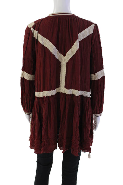 Free People Womens Y-Neck Button-Up Long Sleeve Babydoll Blouse Red Size XS