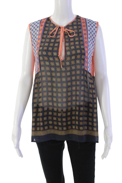 Clover Canyon Womens Geometric Y-Neck Sleeveless Tank Blouse Blue Size S