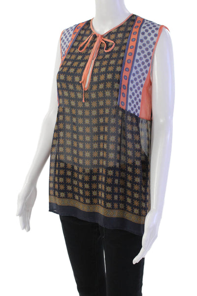 Clover Canyon Womens Geometric Y-Neck Sleeveless Tank Blouse Blue Size S