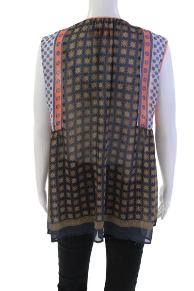 Clover Canyon Womens Geometric Y-Neck Sleeveless Tank Blouse Blue Size S