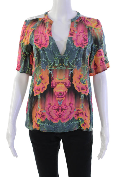 Nanette Lepore Womens Floral Short Sleeve Y-Neck Blouse Top Green Size S