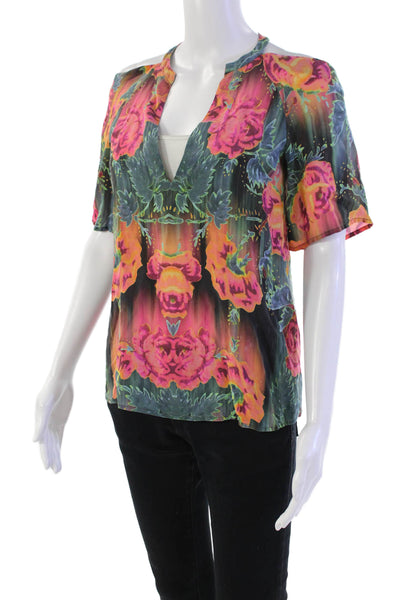 Nanette Lepore Womens Floral Short Sleeve Y-Neck Blouse Top Green Size S