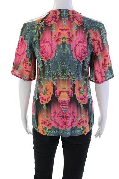 Nanette Lepore Womens Floral Short Sleeve Y-Neck Blouse Top Green Size S