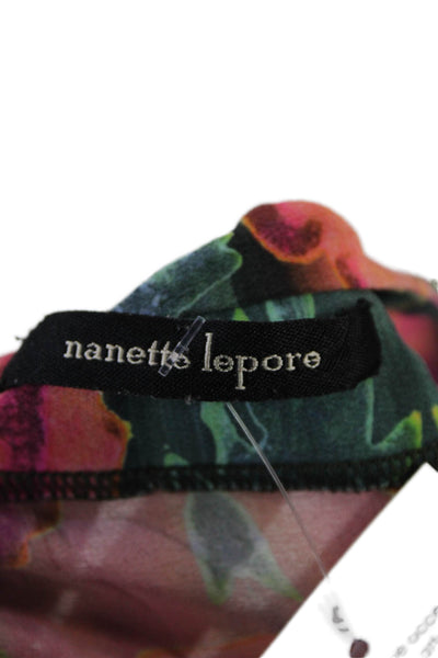 Nanette Lepore Womens Floral Short Sleeve Y-Neck Blouse Top Green Size S