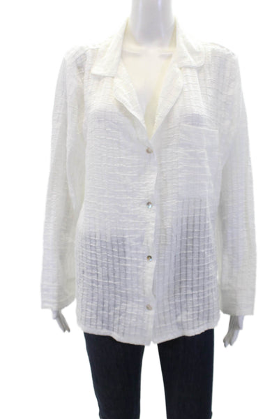 Eberjey Womens Button Front Long Sleeve Collared Shirt White Cotton Size Medium