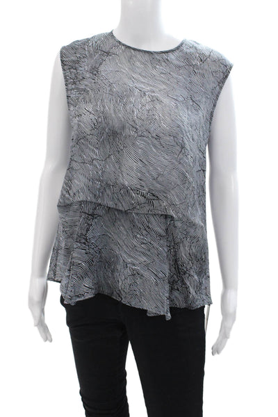 Theory Women's Round Neck Sleeveless Silk Ruffle Printed Blouse Black Size P