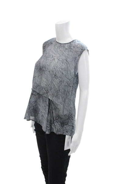 Theory Women's Round Neck Sleeveless Silk Ruffle Printed Blouse Black Size P