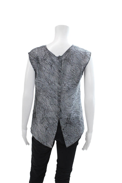 Theory Women's Round Neck Sleeveless Silk Ruffle Printed Blouse Black Size P