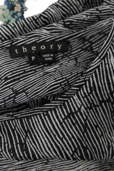 Theory Women's Round Neck Sleeveless Silk Ruffle Printed Blouse Black Size P