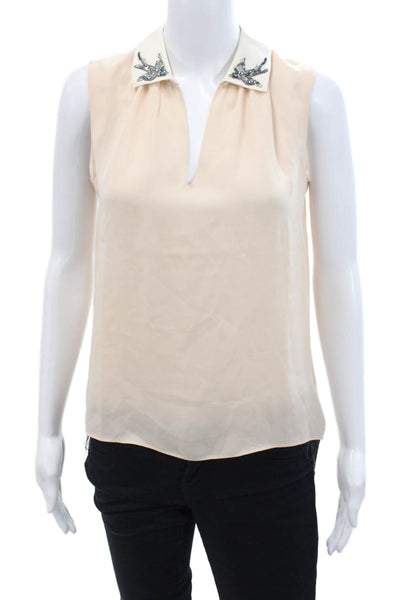 Rebecca Taylor Women's Collared Sleeveless Embellish Silk Blouse Pink Size 0