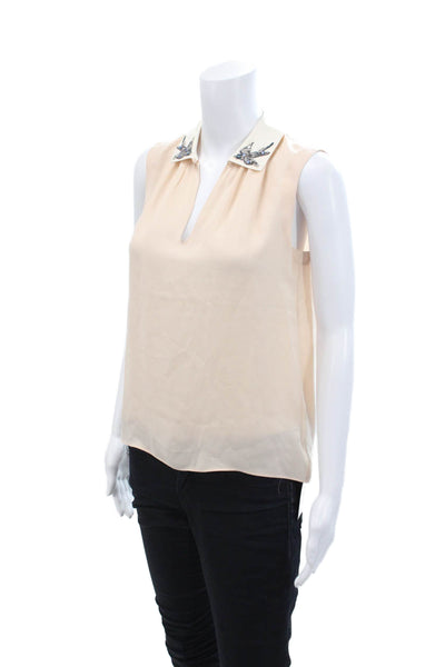 Rebecca Taylor Women's Collared Sleeveless Embellish Silk Blouse Pink Size 0