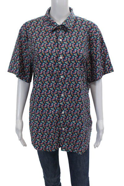Bonobos Womens Cotton Short Sleeve Parrot Print Buttoned Top Blue Size XL