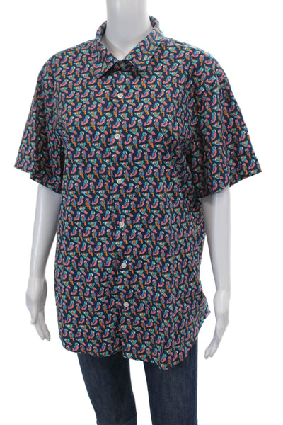 Bonobos Womens Cotton Short Sleeve Parrot Print Buttoned Top Blue Size XL