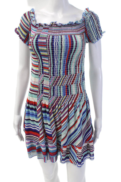 Parker Womens Striped Shirred Short Sleeve Fit + Flare Dress Multicolor Size S