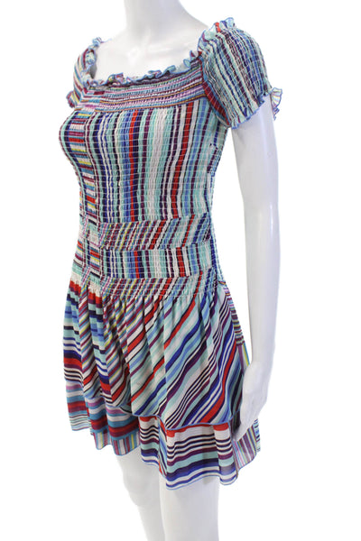 Parker Womens Striped Shirred Short Sleeve Fit + Flare Dress Multicolor Size S