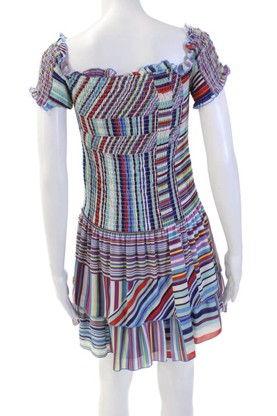 Parker Womens Striped Shirred Short Sleeve Fit + Flare Dress Multicolor Size S