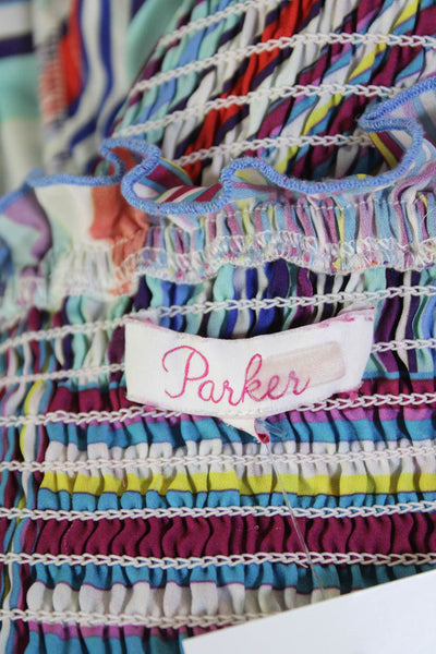 Parker Womens Striped Shirred Short Sleeve Fit + Flare Dress Multicolor Size S
