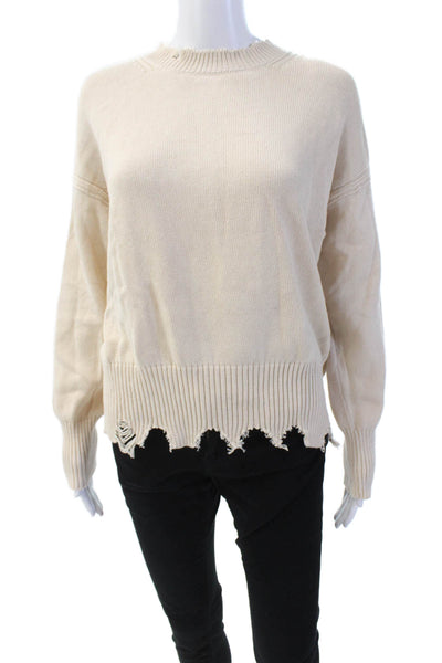 525 Womens Cotton Distressed Crew Neck Pullover Knit Sweater Cream Size XS