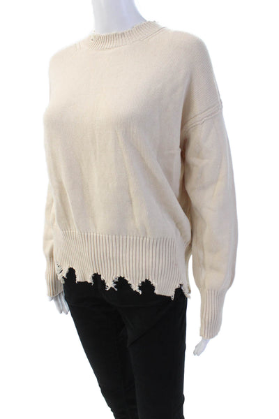 525 Womens Cotton Distressed Crew Neck Pullover Knit Sweater Cream Size XS