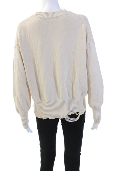 525 Womens Cotton Distressed Crew Neck Pullover Knit Sweater Cream Size XS