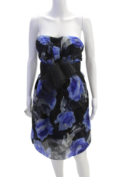 Marchesa Notte Womens Strapless Mesh Bow Floral Silk Dress Black Navy Size 4