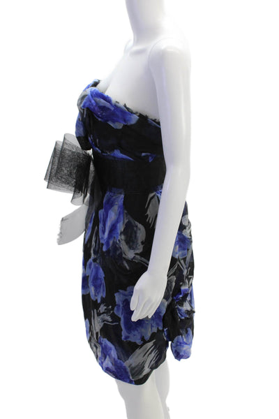 Marchesa Notte Womens Strapless Mesh Bow Floral Silk Dress Black Navy Size 4
