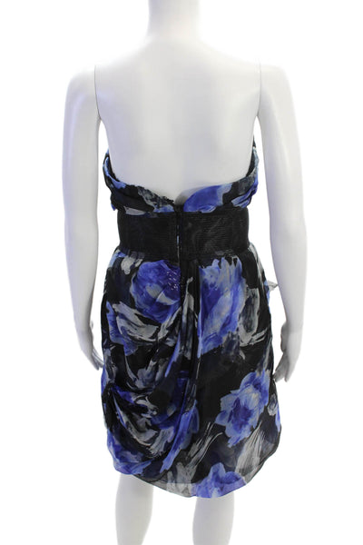 Marchesa Notte Womens Strapless Mesh Bow Floral Silk Dress Black Navy Size 4