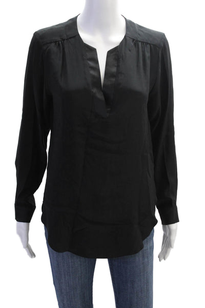 Amanda Uprichard Womens Silk Long Sleeve Y-Neck Blouse Top Black Size PP