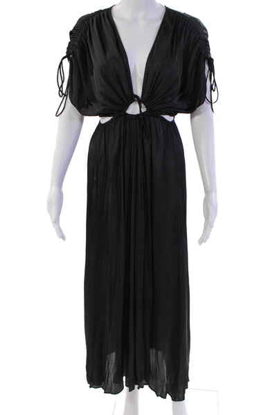 Zara Women's V-Neck Cut-Outs Ruched Sleeves Flare Maxi Dress Black Size S