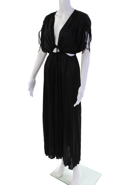 Zara Women's V-Neck Cut-Outs Ruched Sleeves Flare Maxi Dress Black Size S