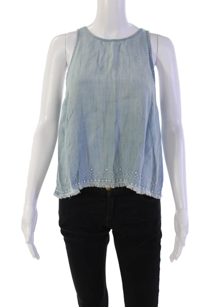 Bella Dahl Womens Embroidered Frayed Hem Sleeveless Blouse Top Blue Size XS