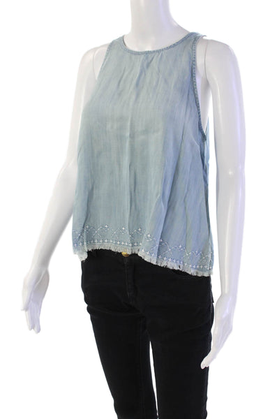 Bella Dahl Womens Embroidered Frayed Hem Sleeveless Blouse Top Blue Size XS