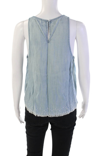 Bella Dahl Womens Embroidered Frayed Hem Sleeveless Blouse Top Blue Size XS