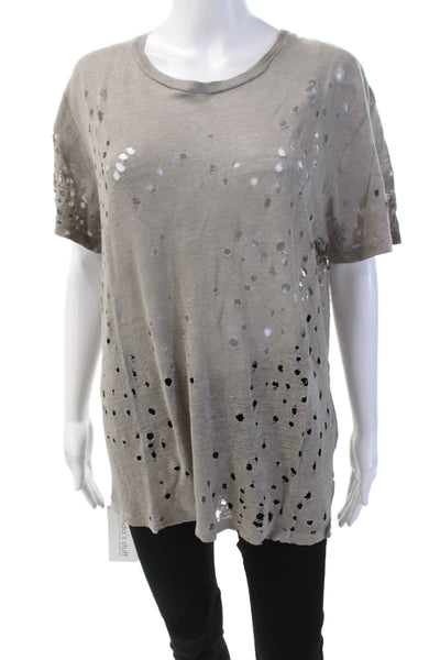 IRO Jeans Womens Linen Solid Distressed Short Sleeve T-Shirt Top Taupe Size M