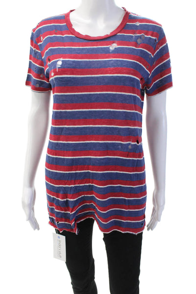IRO Jeans Womens Linen Striped Distressed Short Sleeve T-Shirt Top Red Size XS