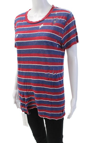 IRO Jeans Womens Linen Striped Distressed Short Sleeve T-Shirt Top Red Size XS