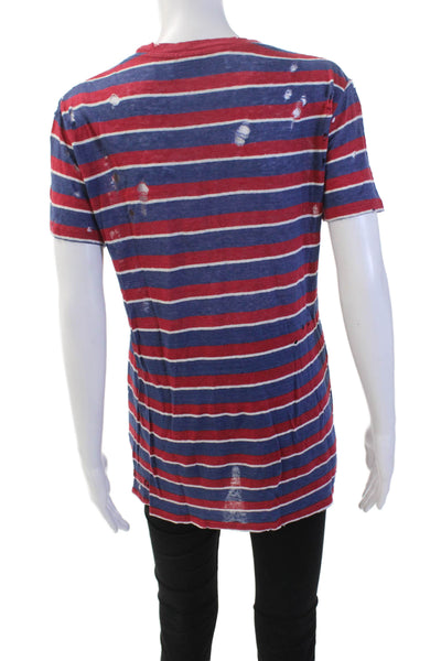IRO Jeans Womens Linen Striped Distressed Short Sleeve T-Shirt Top Red Size XS