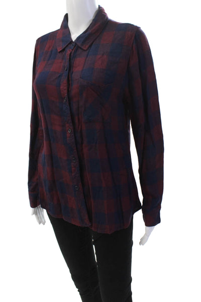 Rails Womens Checkered Collared Long Sleeve Button Up Blouse Top Burgundy Size M