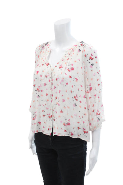 Joie Womens Silk Floral Print Lightweight Quarter Sleeve Blouse White Size XS