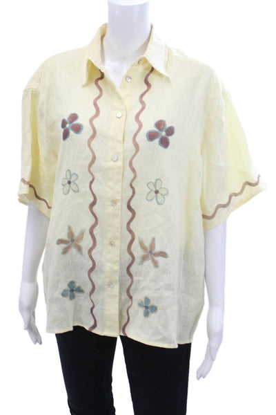 VRG GRL Womens Linen Floral Print Button Down Shirt Yellow Multi Colored Size 6