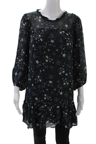 Velvet Womens Textured Long Sleeve Round Neck Star Print Blouse Navy Size XS